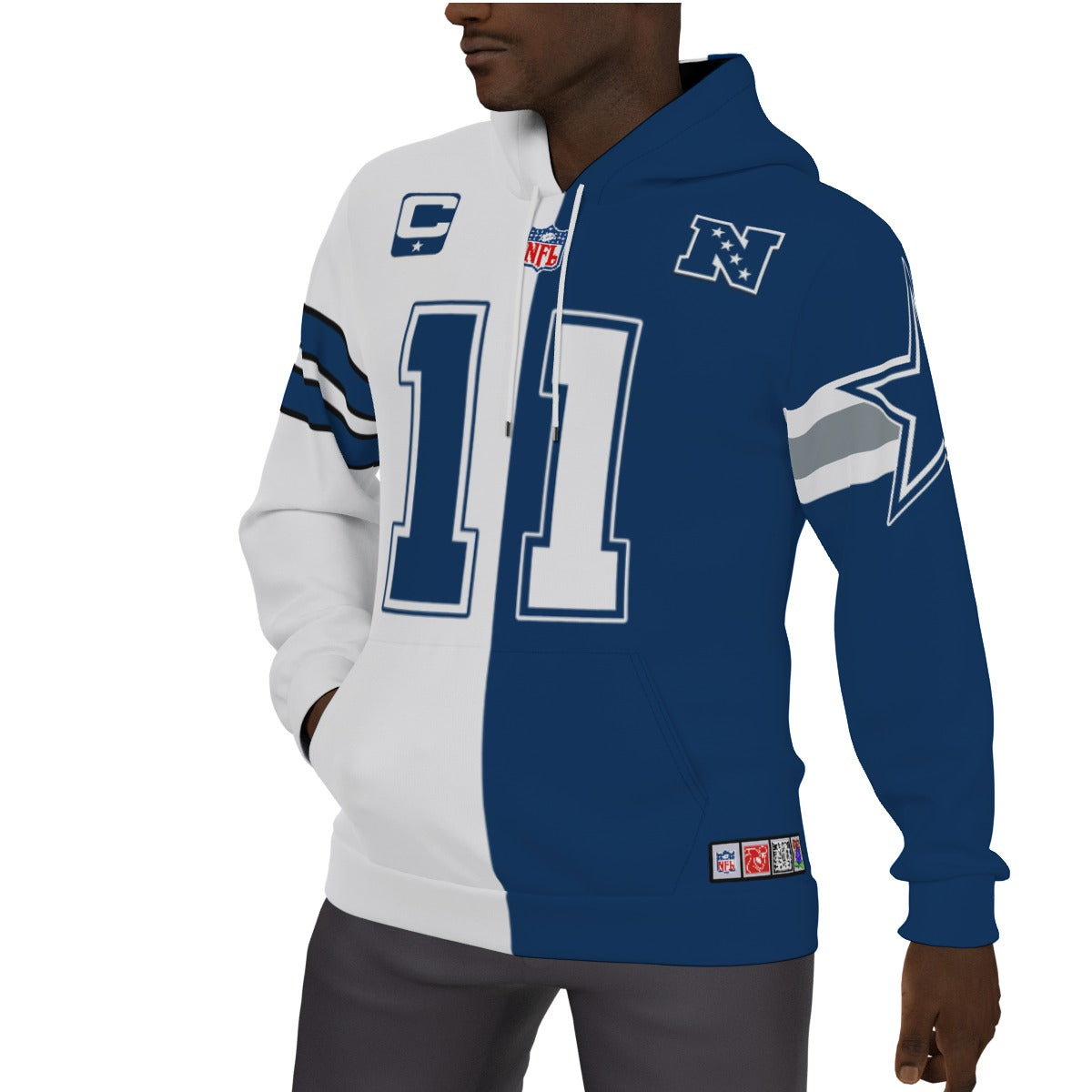Micah Parsons Fleeced Lined White and Blue 1/2 1/2 Jersey Hoodie