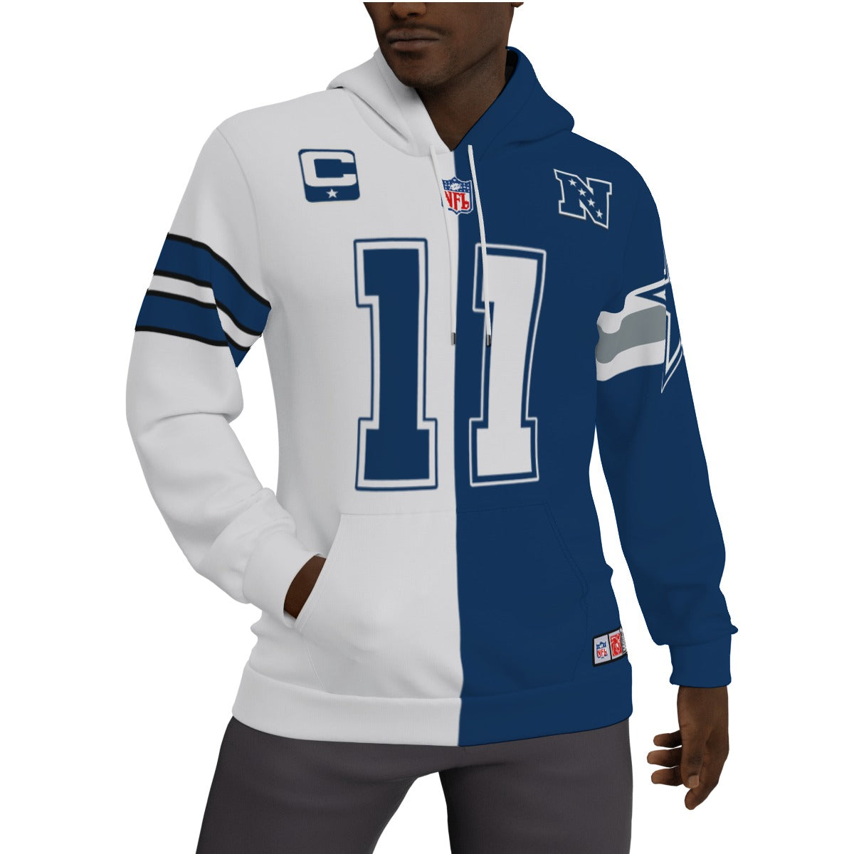 Micah Parsons Fleeced Lined White and Blue 1/2 1/2 Jersey Hoodie