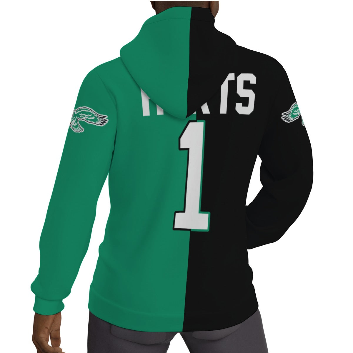 Philadelphia Eagles Jalen Hurts Half and Half Kelly Green/Black Fleeced Lined Hoodie