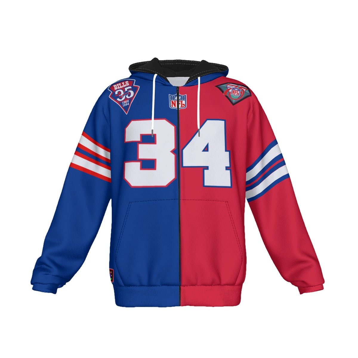 Thurman Thomas Buffalo Bills Half and Half Zipper Jersey Hoodie Fleeced Lined