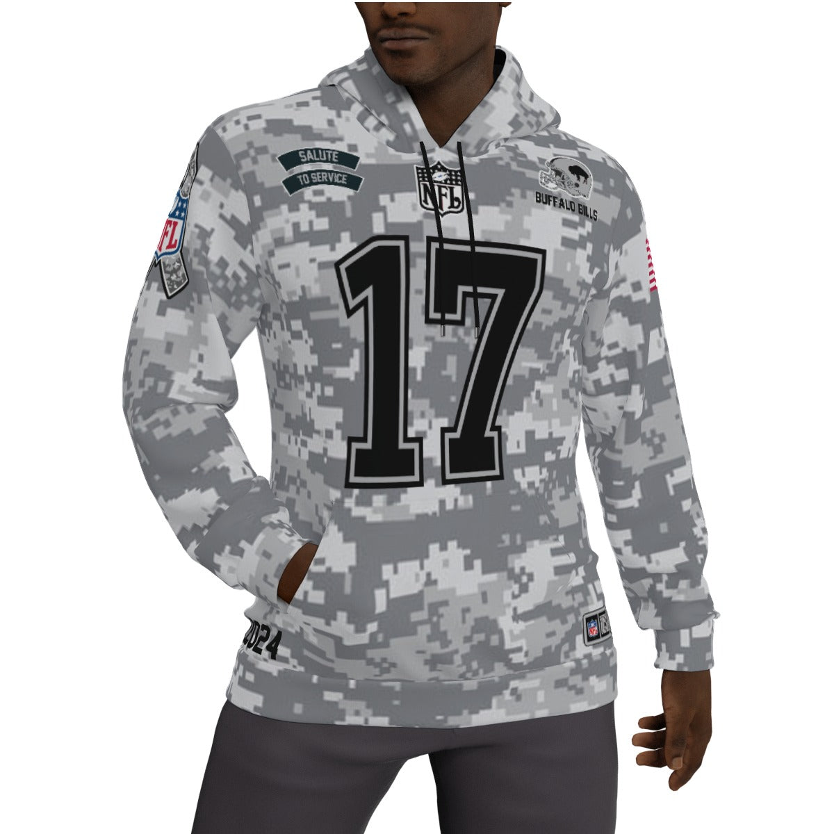 2024 Josh Allen Buffalo Bills Salute to Service Fleeced Lined Jersey Hoodie