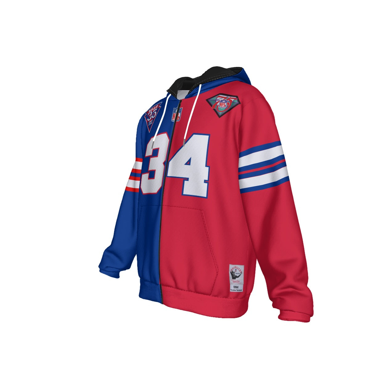 Thurman Thomas Buffalo Bills Half and Half Zipper Jersey Hoodie Fleeced Lined