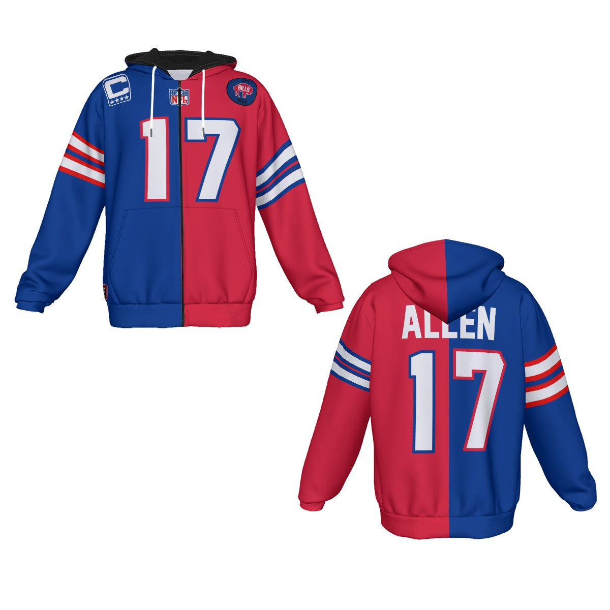 Josh Allen Zipper Buffalo Bills Half and Half Jersey Hoodie