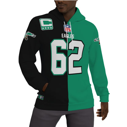 Philadelphia Eagles Jason Kelce Half and Half Kelly Green/Black Fleeced Lined Hoodie