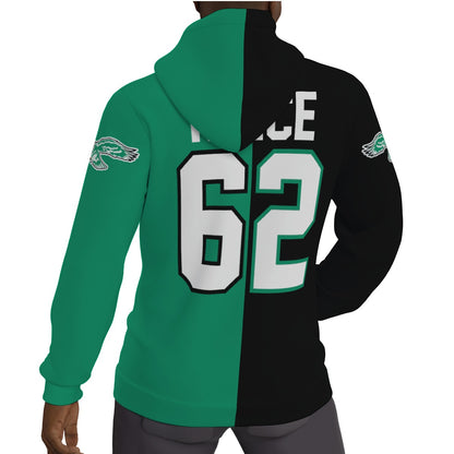 Philadelphia Eagles Jason Kelce Half and Half Kelly Green/Black Fleeced Lined Hoodie