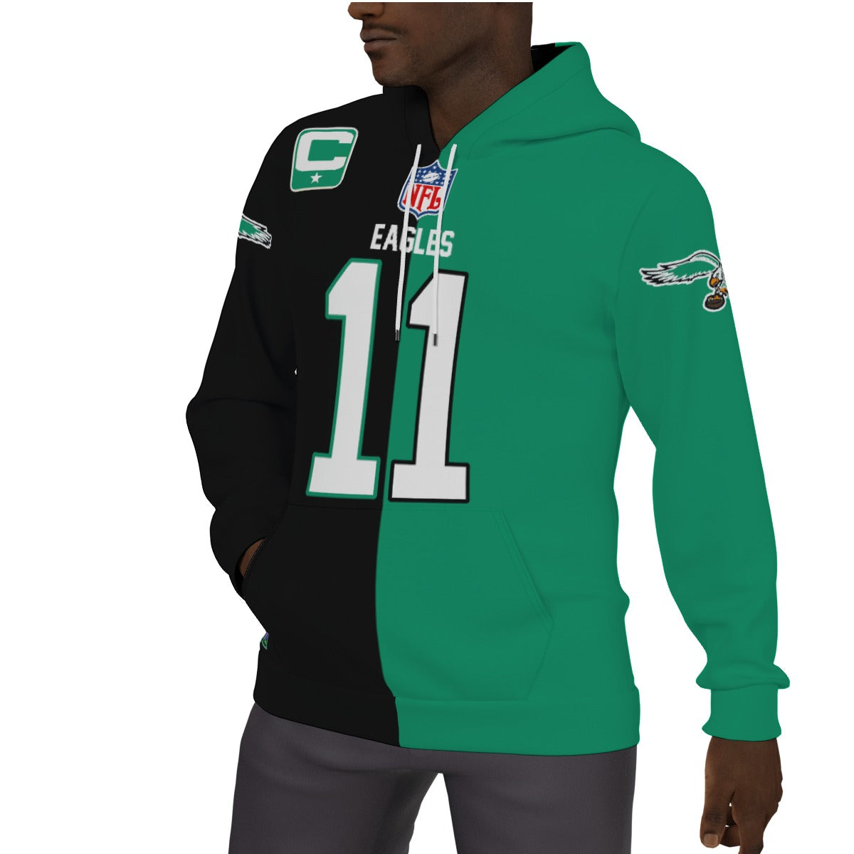 Philadelphia Eagles AJ Brown Half and Half Kelly Green/Black Fleeced Lined Hoodie