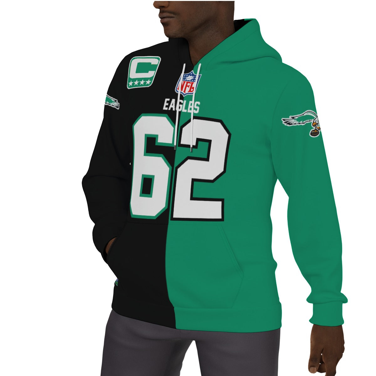 Philadelphia Eagles Jason Kelce Half and Half Kelly Green/Black Fleeced Lined Hoodie