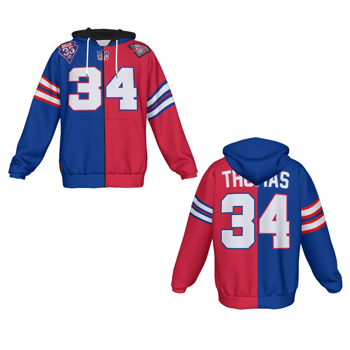 Thurman Thomas Buffalo Bills Half and Half Zipper Jersey Hoodie Fleeced Lined