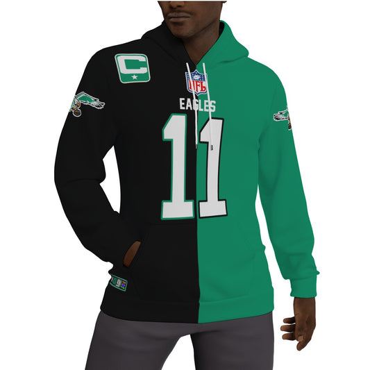 Philadelphia Eagles AJ Brown Half and Half Kelly Green/Black Fleeced Lined Hoodie