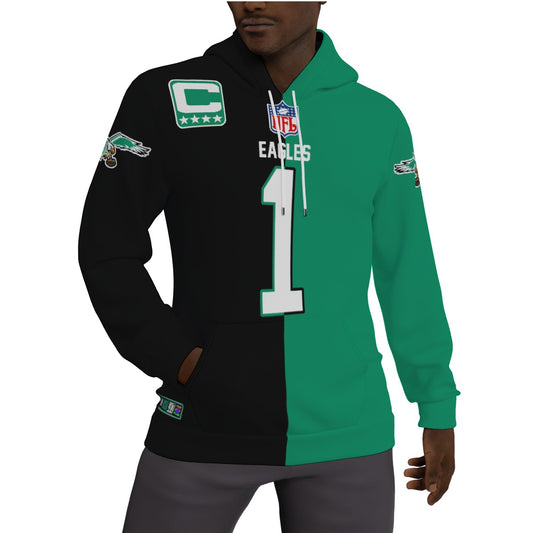 Philadelphia Eagles Jalen Hurts Half and Half Kelly Green/Black Fleeced Lined Hoodie