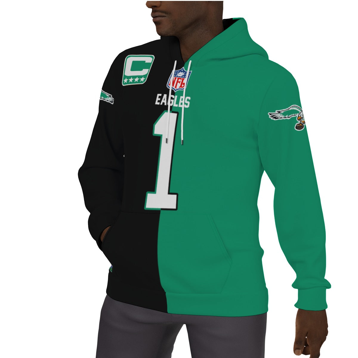 Philadelphia Eagles Jalen Hurts Half and Half Kelly Green/Black Fleeced Lined Hoodie