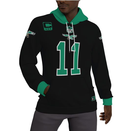 Kelly Green and Black AJ Brown Eagles Fleeced Lined Jersey Hoodie