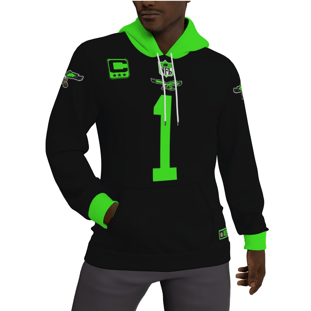 Neon Green and Black Jalen Hurts Fleeced Lined Jersey Hoodie