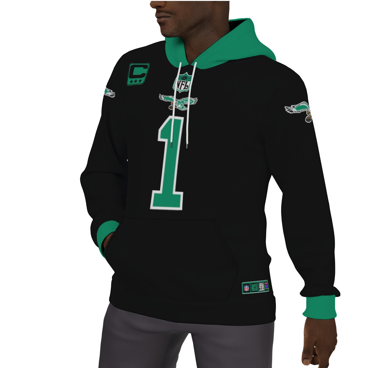 Kelly Green and Black Jalen Hurts Fleeced Lined Jersey Hoodie