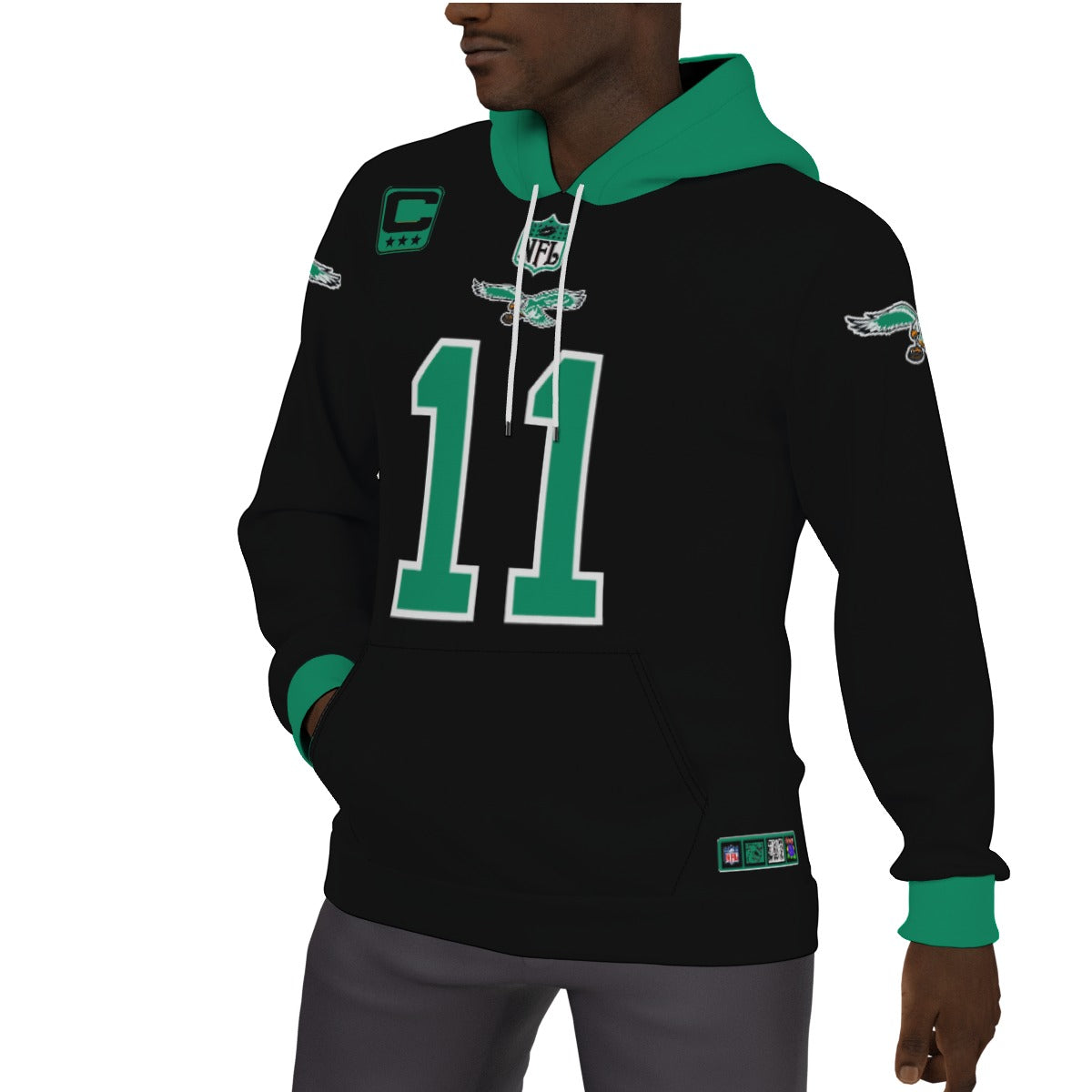 Kelly Green and Black AJ Brown Eagles Fleeced Lined Jersey Hoodie