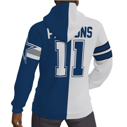 Micah Parsons  Fleeced Lined White and Blue 1/2 1/2 Jersey Hoodie