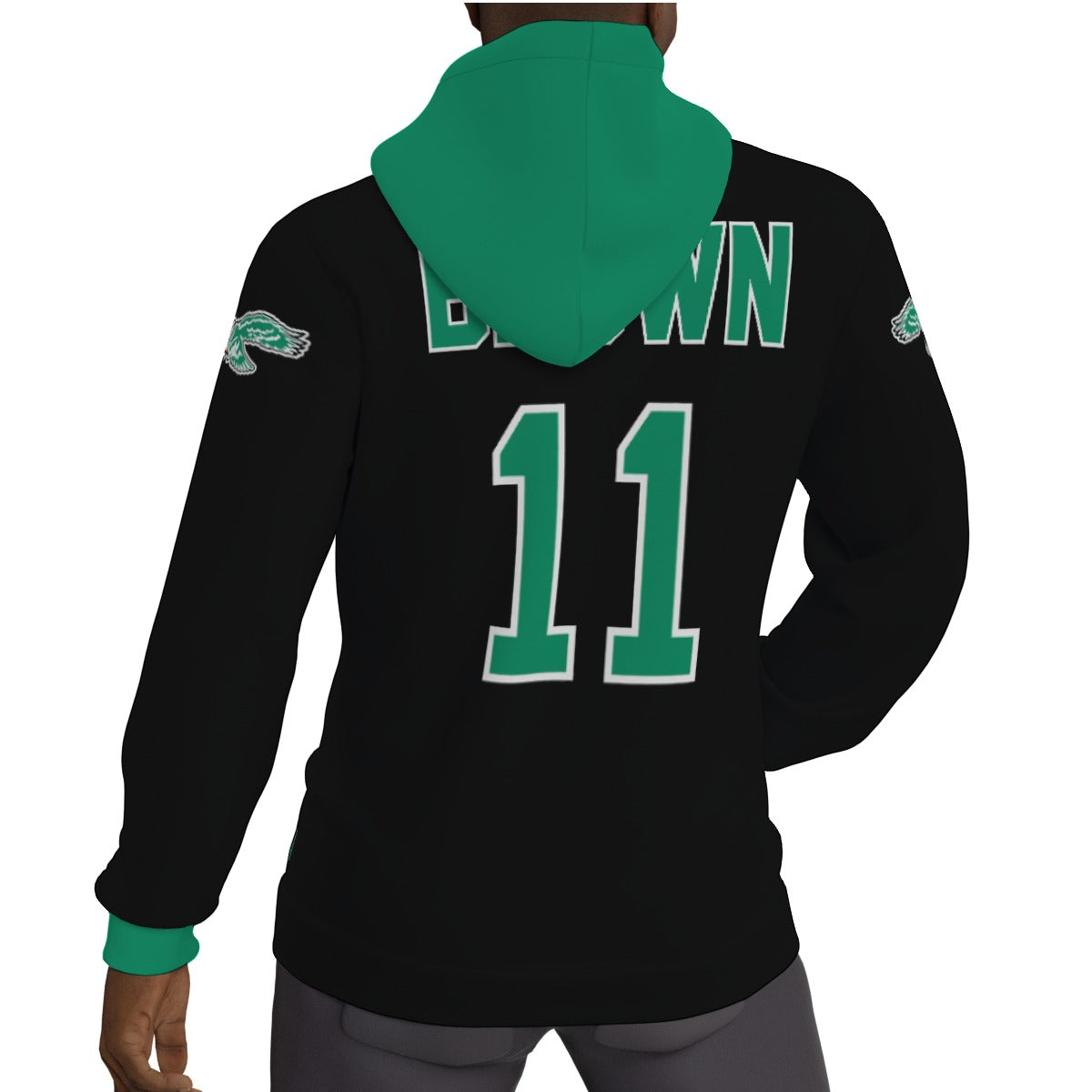 Kelly Green and Black AJ Brown Eagles Fleeced Lined Jersey Hoodie